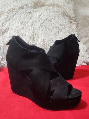 Eileen Fisher Black Suede Crisscross Wedge Sandals